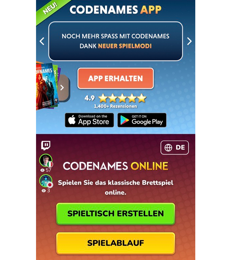 Screenshot der mobilen Webseite von „Codenames“. Oben ist ein Banner zur Bewerbung der neuen Codenames-App mit dem Text „Noch mehr Spaß mit Codenames dank neuer Spielmodi“ und einem Button „App erhalten“. Bewertet mit 4,9 Sternen basierend auf über 1.400 Rezensionen. Darunter zwei Download-Buttons: „Download on the App Store“ und „Get it on Google Play“. Im unteren Bereich steht „Codenames Online – Spielen Sie das klassische Brettspiel online.“ Es folgen zwei große Buttons: ein grüner „Spieltisch erstellen“ und ein gelber „Spielablauf“. Im Hintergrund sind Avatare mit Spielerzahlen sichtbar.