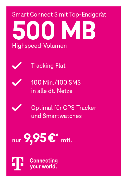 Telekom Smart Connect S mit Top-Endgerät Tarif für 9,95 € monatlich. Inklusive Tracking-Flat und 100 Minuten Telefonie oder 100 SMS. Optimal für GPS-Tracker und Smartwatches.