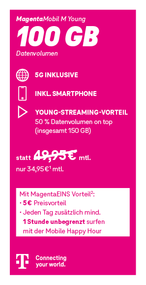 Angebotsgrafik für MagentaMobile M Young ab 34,95 Euro monatlich mit Datenvolumen, 5G, Young-Streaming-Vorteil und MagentaEINS Vorteil.