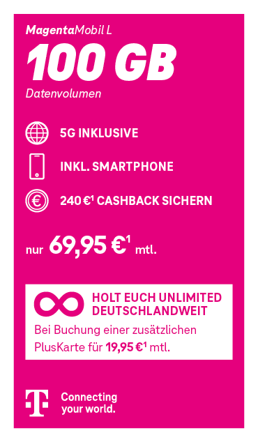 Angebotsgrafik für Magenta Mobil L ab 64,95 Euro monatlich mit Datenvolumen,5G Inklusive, inklusive Smartphone und 240€ Cashback