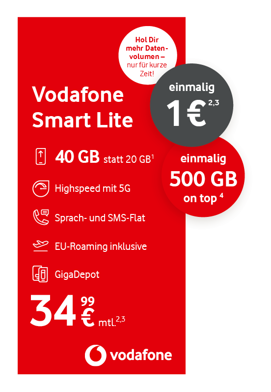 Angebotsgrafik für Vodafone Smart Lite: Ab 34,99 Euro monatlich mit Datenvolumen und 500 GB Daten Depot
