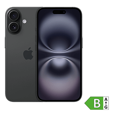 Abbildung eines schwarzen Smartphones von Apple mit Vorder- und Rückansicht. Auf dem Display ist eine abstrakte, dunkle Grafik zu sehen. Rechts unten befindet sich ein grünes Energieeffizienzlabel mit der Einstufung B.