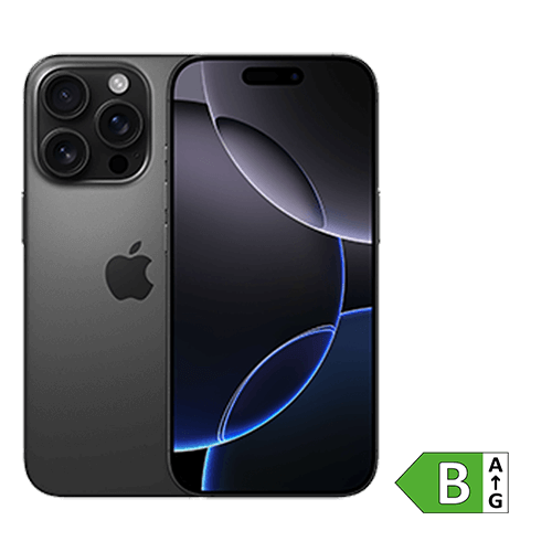 Apple iPhone 16 Pro in Schwarz, Vorderseite mit randlosem Display und Dynamic Island, Rückseite mit drei Kameralinsen und Apple-Logo. Unten rechts befindet sich ein grünes Energieeffizienzlabel mit der Klasse „B“.
