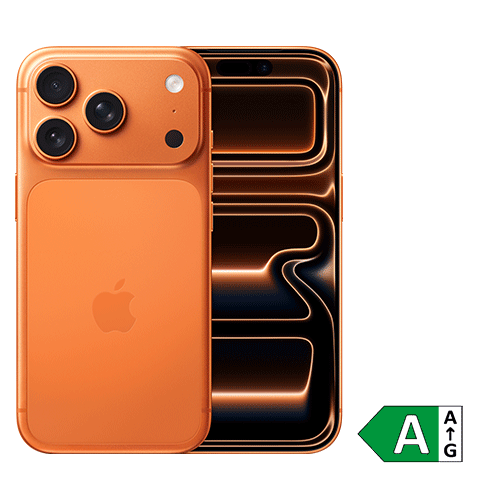 Orangefarbenes Smartphone mit Apple-Logo, dargestellt von Vorder- und Rückseite. Auf der Rückseite sind drei Kameralinsen sichtbar. Rechts unten befindet sich ein Energieeffizienzlabel mit der Einstufung A.