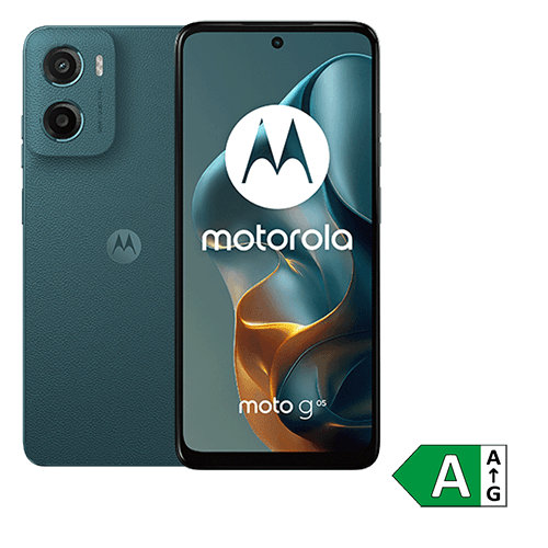 Motorola-Smartphone in dunkelgrüner Farbe, Rück- und Vorderseite sichtbar. Auf dem Display ist das Motorola-Logo und die Modellbezeichnung 'moto g' zu sehen. Rechts unten befindet sich ein Energieeffizienzsymbol mit der Klasse A
