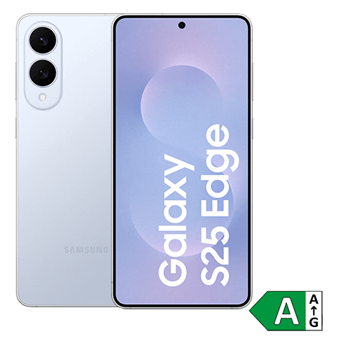 Abbildung des Smartphones Samsung Galaxy S25 Edge in Silber mit Vorder- und Rückseite. Auf dem Display steht ‚Galaxy S25 Edge‘.