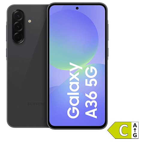 Samsung Galaxy A36 Smartphone in der Farbe schwarz, Vorder- und Rückseite sichtbar.