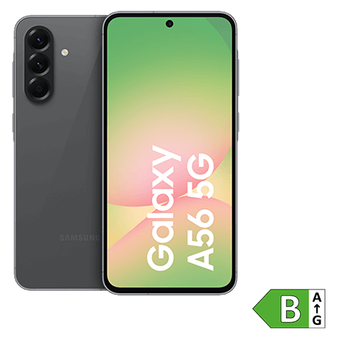 Zu sehen ist ein schwarzes Samsung Galaxy A56 5G. Links ist die Rückseite mit drei vertikal angeordneten Kameras dargestellt. Rechts daneben ist die Vorderseite mit einem farbigen Display, auf dem in weißer Schrift „Galaxy A56 5G“ steht. Unten rechts im Bild befindet sich ein grünes Energieeffizienzlabel mit der Klasse „B“.