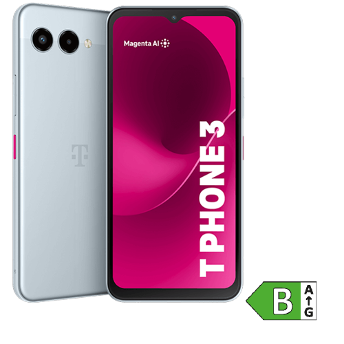 Smartphone T Phone 3 in silber mit zwei Kameralinsen und LED-Blitz auf der Rückseite. Auf dem Display ist ein pinkes Hintergrundbild mit der Aufschrift ‚T PHONE 3‘ und ‚Magenta AI‘ und ein Energielabel der klasse