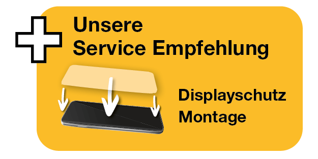 Grafik mit Empfehlung für einen Service: Displayschutz-Montage. Darstellung eines Smartphones, über dem ein Schutzglas angebracht wird. Text: ‚Unsere Service Empfehlung – Displayschutz Montage‘