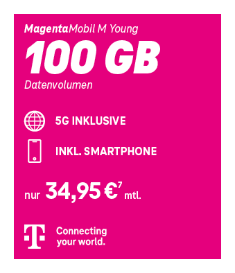 Telekom MagentaMobil M Young Handytarif mit 100 GB Datenvolumen, 5G inklusive, Smartphone im Vertrag und Preis ab 34,95 Euro pro Monat