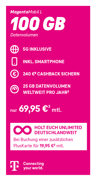 „Tarif MagentaMobil L: 100 GB Highspeed-Daten mit 5G, Flatrate für Telefonie & SMS, EU-Roaming inklusive, 69,95 € im Monat.
