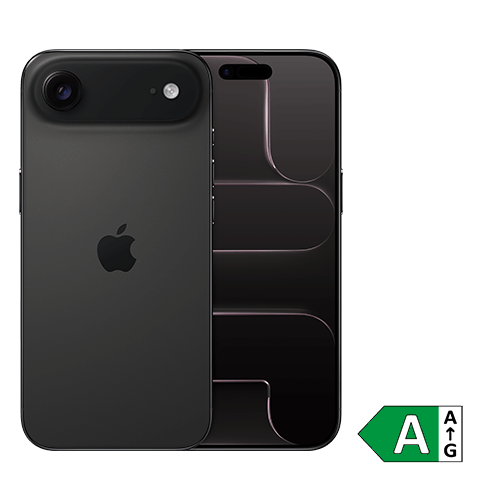 Abbildung eines Apple iPhone Airs. Links ist die Rückseite mit einzelner Kamera und Apple-Logo sichtbar, rechts die Vorderseite mit Display und pillenförmigem Ausschnitt am oberen Bildschirmrand. In der rechten unteren Ecke ist ein Energielabel mit der Effizienzklasse A auf einem grünen Pfeil dargestellt.