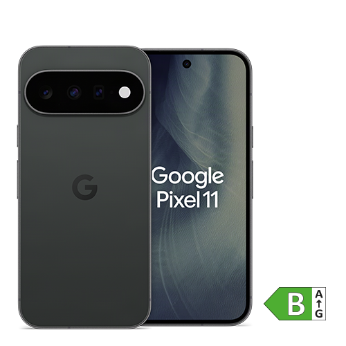 Google Pixel 11 Smartphone in schwarzer Farbe, dargestellt von Vorder- und Rückseite. Auf dem Display ist ‚Google Pixel 11‘ zu sehen. Unten rechts befindet sich das Energieeffizienzlabel der Klasse B.