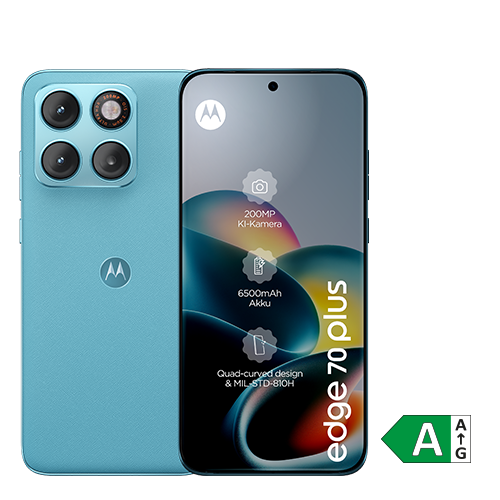 Blaues Motorola edge70 plus, Vorder- und Rückseite mit Display, Dual-Kamera und Energieeffizienzsymbol A.