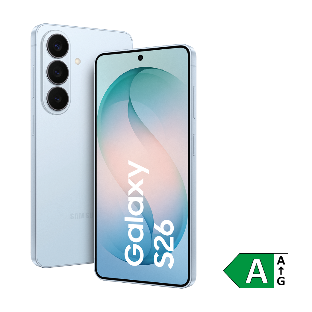 Abbildung des Smartphones Samsung Galaxy S26 in Blau mit Vorder- und Rückseite sichtbar. EU-Energielabel mit Effizienzklasse A eingeblendet.