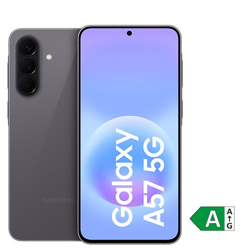 Abbildung des Smartphones Samsung Galaxy A57 in grau mit Vorder- und Rückseite sichtbar. EU-Energielabel mit Effizienzklasse A eingeblendet. 
