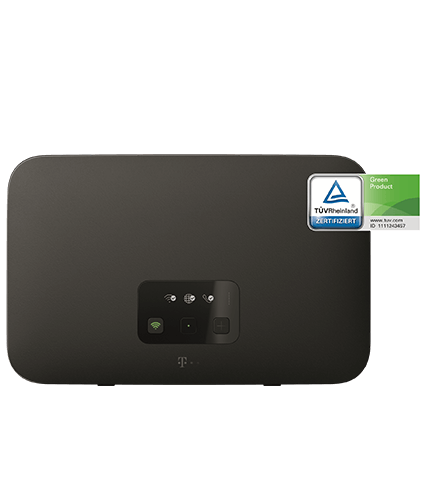 Vorderansicht des Telekom Speedport Smart 4R2 Routers in Schwarz, mit zentraler LED-Anzeige für Statusinformationen und TÜV Rheinland Zertifizierung als umweltfreundliches Produkt.