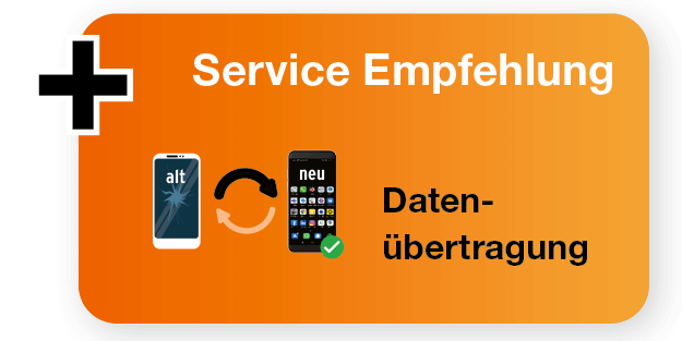 Grafik mit dem Titel Service Empfehlung – Datenübertragung. Sie zeigt ein altes, beschädigtes Smartphone mit der Beschriftung ‚alt‘, daneben ein neues Smartphone mit der Beschriftung ‚neu‘. Zwischen den beiden Geräten befindet sich ein Pfeil, der den Datentransfer vom alten zum neuen Gerät symbolisiert.